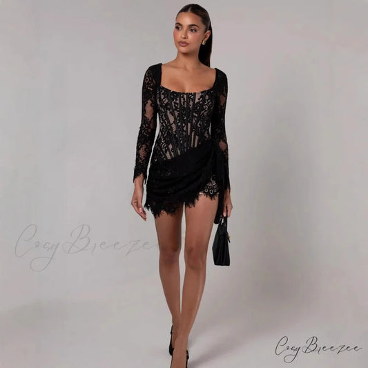 Sultry Lace Mesh Corset Mini Prom Dress white / XS promdress-250223