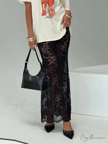 Summer Alluring Sheer Lace Floral Long Skirt Y2K Party skirt-250126
