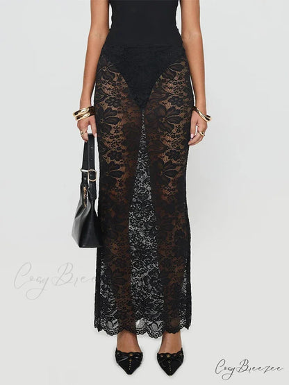 Summer Alluring Sheer Lace Floral Long Skirt Y2K Party Black / S skirt-250126