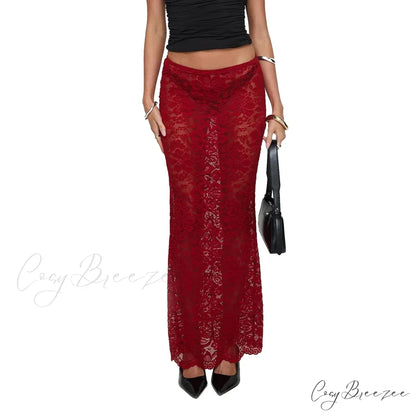 Summer Alluring Sheer Lace Floral Long Skirt Y2K Party Red / S skirt-250126