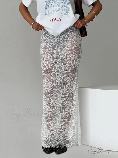 Summer Alluring Sheer Lace Floral Long Skirt Y2K Party WHITE / S skirt-250126