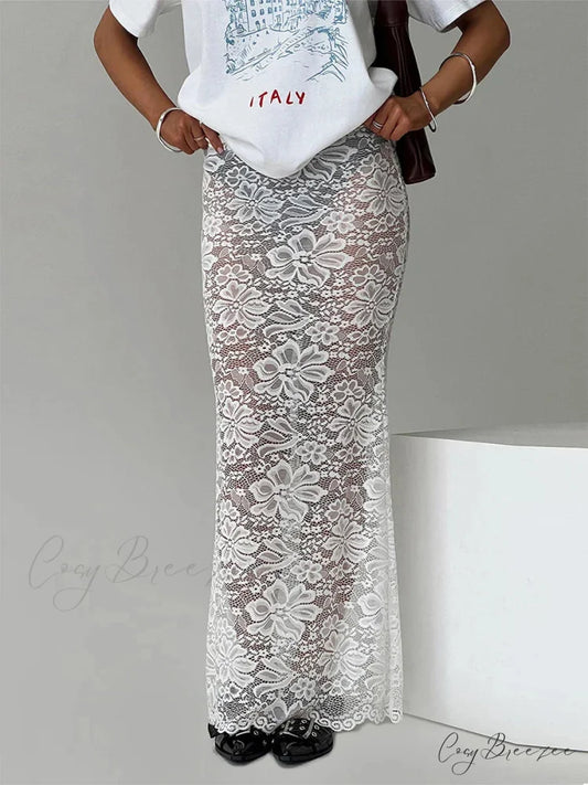 Summer Alluring Sheer Lace Floral Long Skirt Y2K Party WHITE / S skirt-250126