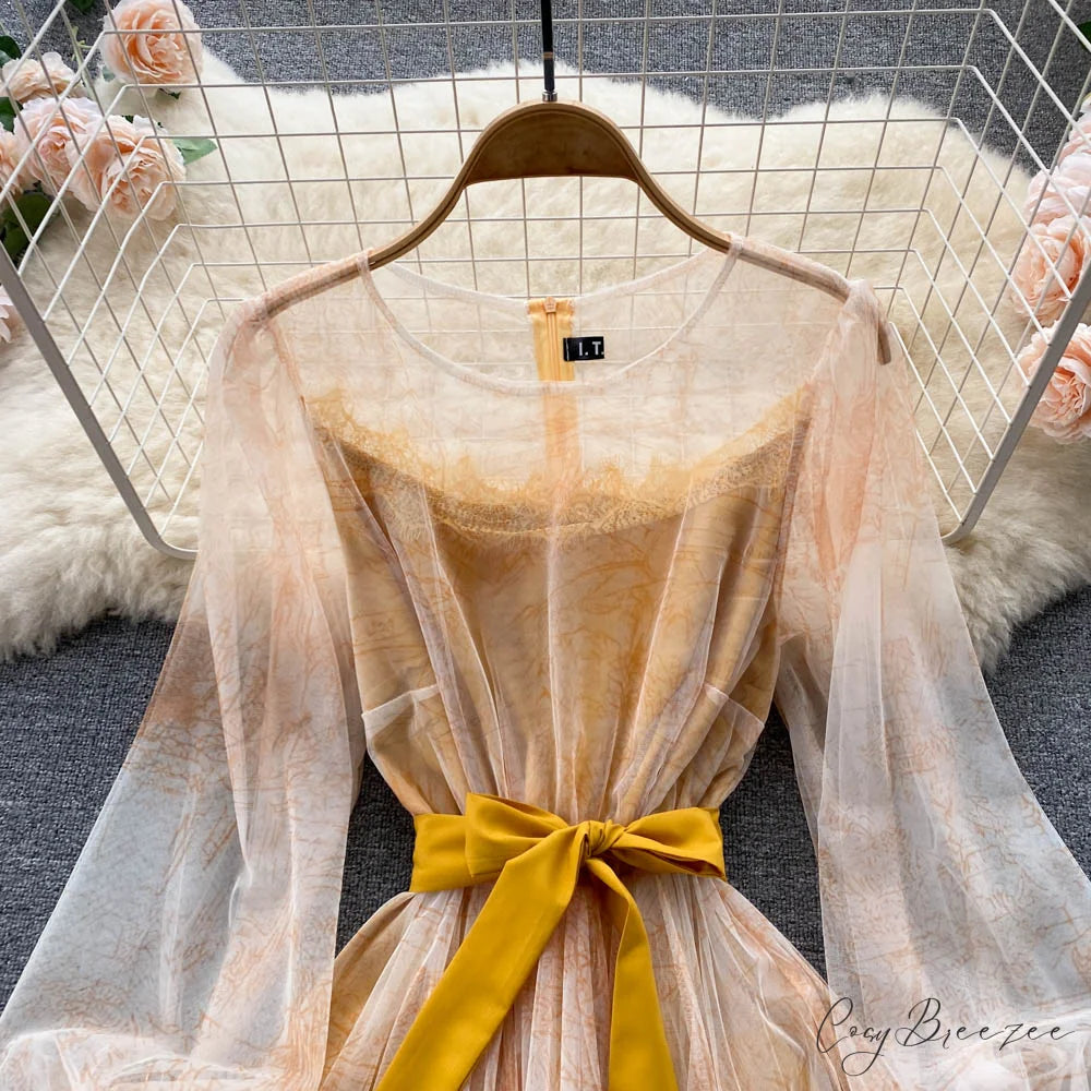 Summer and Bandage for Dresses Women Elegant Spring Vintage Gown Line and Coastal featuring Sleeves Patterned Patchwork