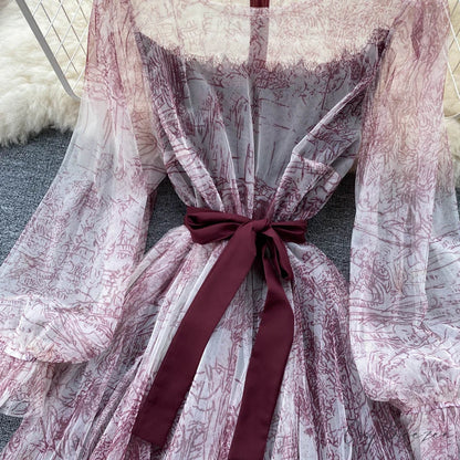 Summer and Bandage for Dresses Women Elegant Spring Vintage Gown Line and Coastal featuring Sleeves Patterned Patchwork