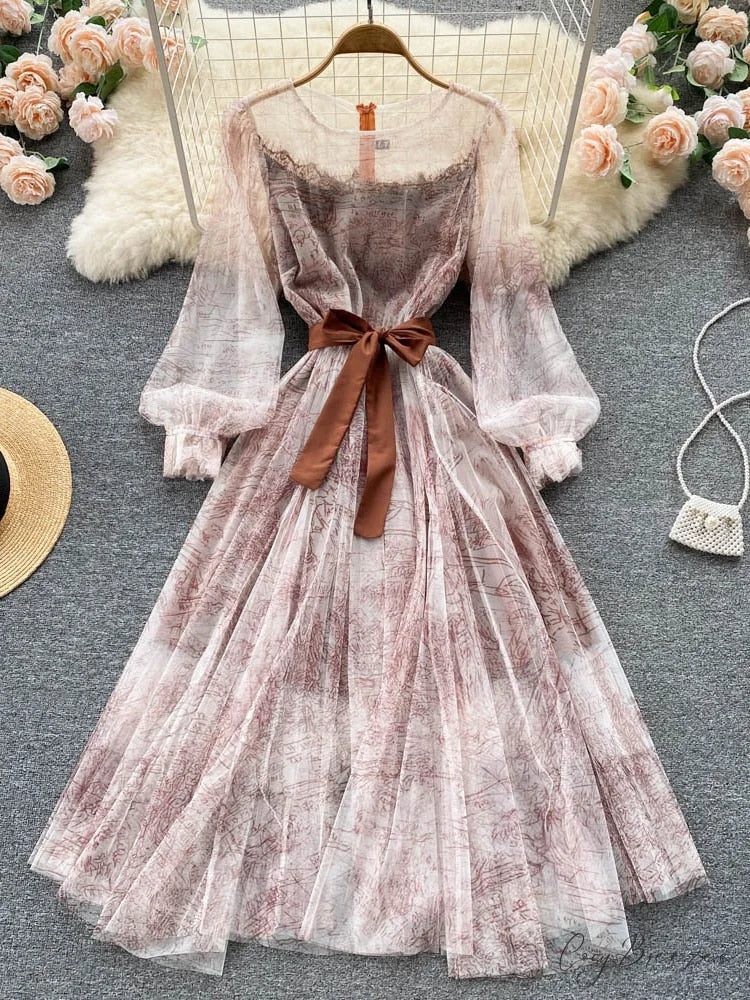 Summer and Bandage for Dresses Women Elegant Spring Vintage Gown Line and Coastal featuring Sleeves Patterned Patchwork