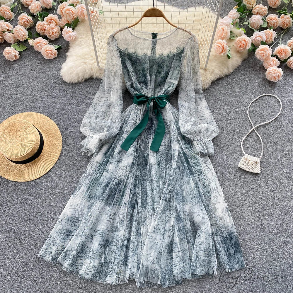 Summer and Bandage for Dresses Women Elegant Spring Vintage Gown Line and Coastal featuring Sleeves Patterned Patchwork