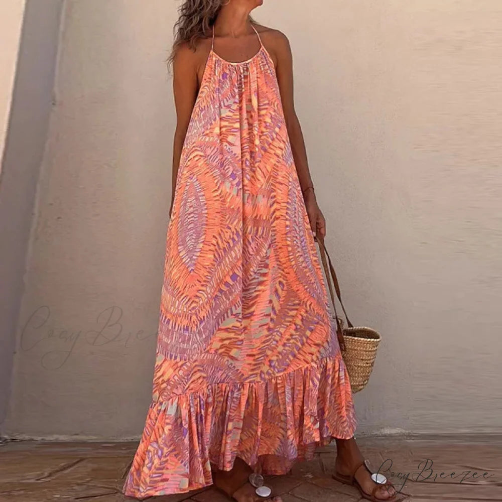 Summer Beach Lady Long Casual Loose Sleeveless Boho Dress ORANGE / S