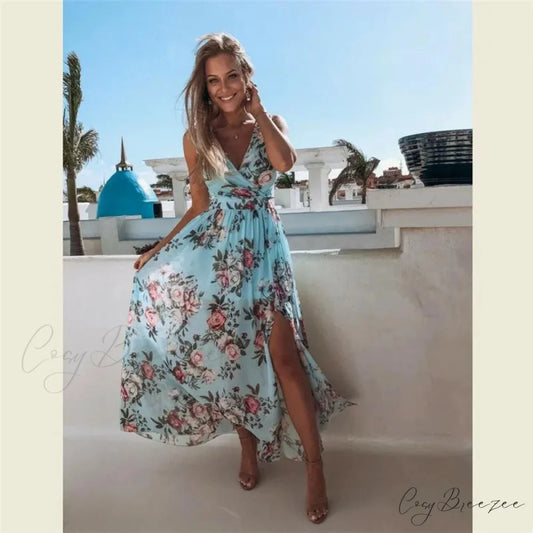 Summer Beach Party Sleeveless V-Neck Floral Long Boho Dress SKY BLUE / S