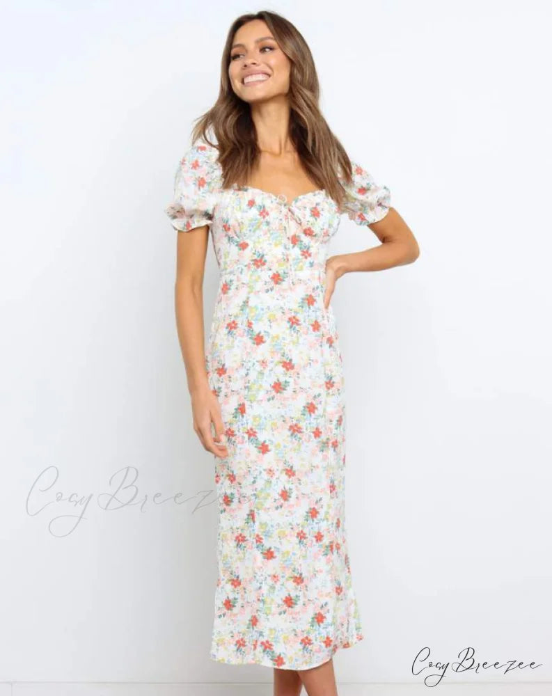 Summer Beach Sweet Dress with Puff Sleeves and Ruffles M / GREEN