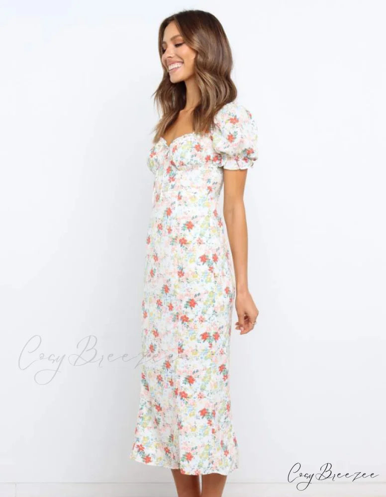 Summer Beach Sweet Dress with Puff Sleeves and Ruffles M / WHITE
