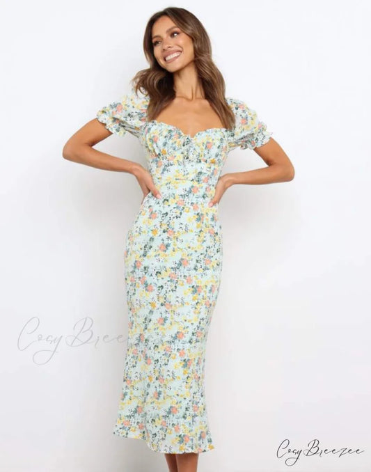 Summer Beach Sweet Dress with Puff Sleeves and Ruffles S / GREEN