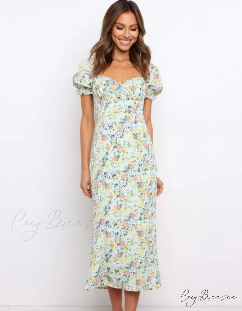 Summer Beach Sweet Dress with Puff Sleeves and Ruffles S / WHITE