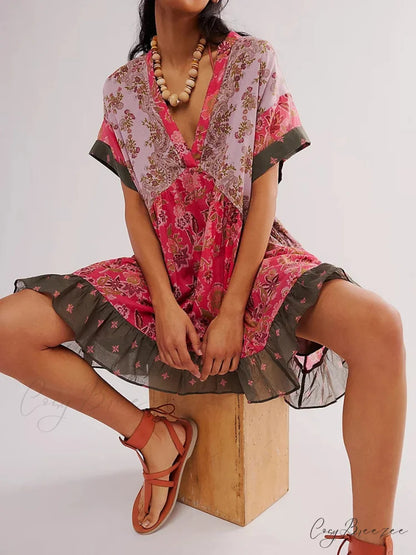 Summer Bohemian Babydoll Floral Print V-Neck Dress oldfloraldress-250126