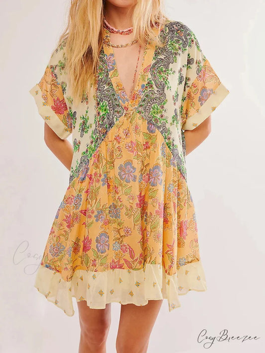 Summer Bohemian Babydoll Floral Print V-Neck Dress Yellow / S oldfloraldress-250126
