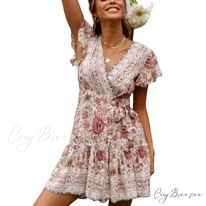 Summer Boho Floral Print Mini Wrap Beach Boho Dress