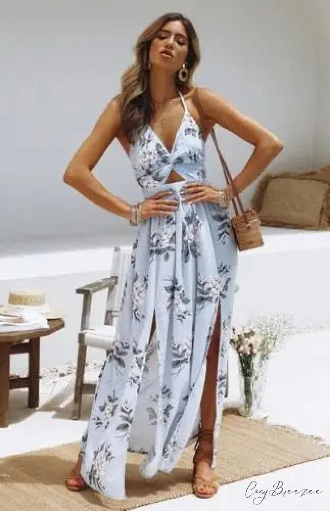 Summer Boho Maxi Halter Dress Blue / S floraldress-250126