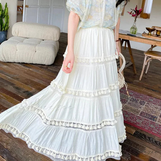 Summer Boho Skirts High Waist Hollow A-line Maxi Skirts Holiday Beige / S skirt-250126