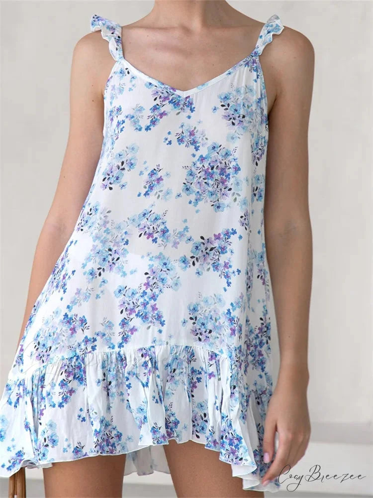Summer Casual Camis Floral Print V Neck Mini Dress