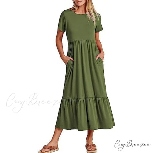 Summer Casual Short Sleeve Crewneck Swing Dress for Women Army Green / S