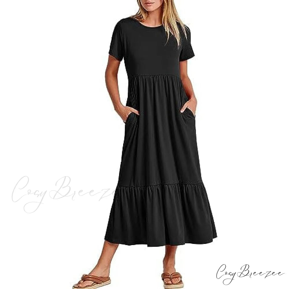 Summer Casual Short Sleeve Crewneck Swing Dress for Women Black / S
