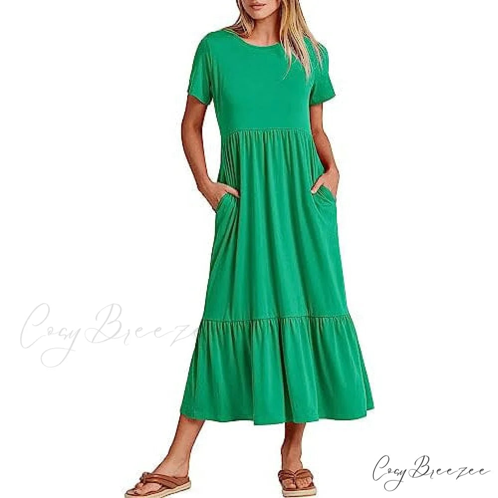 Summer Casual Short Sleeve Crewneck Swing Dress for Women Grass / S