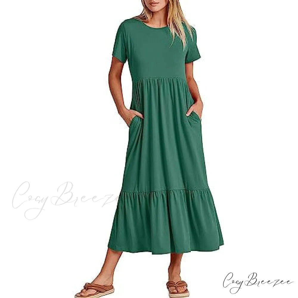 Summer Casual Short Sleeve Crewneck Swing Dress for Women Green / S