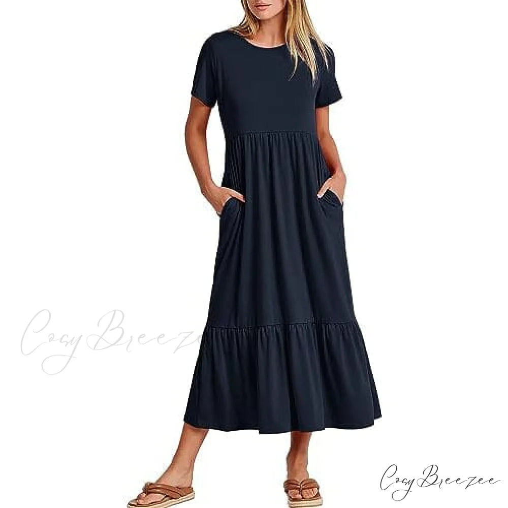 Summer Casual Short Sleeve Crewneck Swing Dress for Women Navy / S