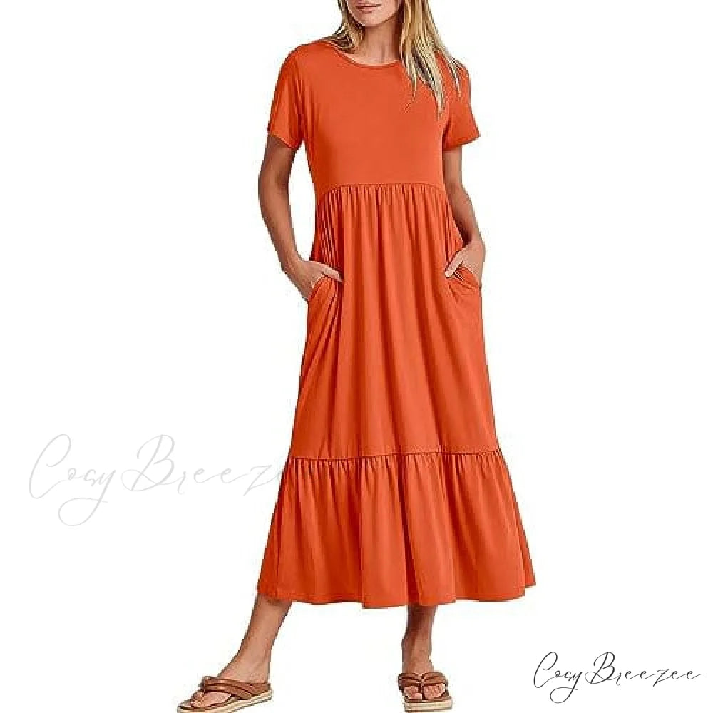 Summer Casual Short Sleeve Crewneck Swing Dress for Women Orange / S