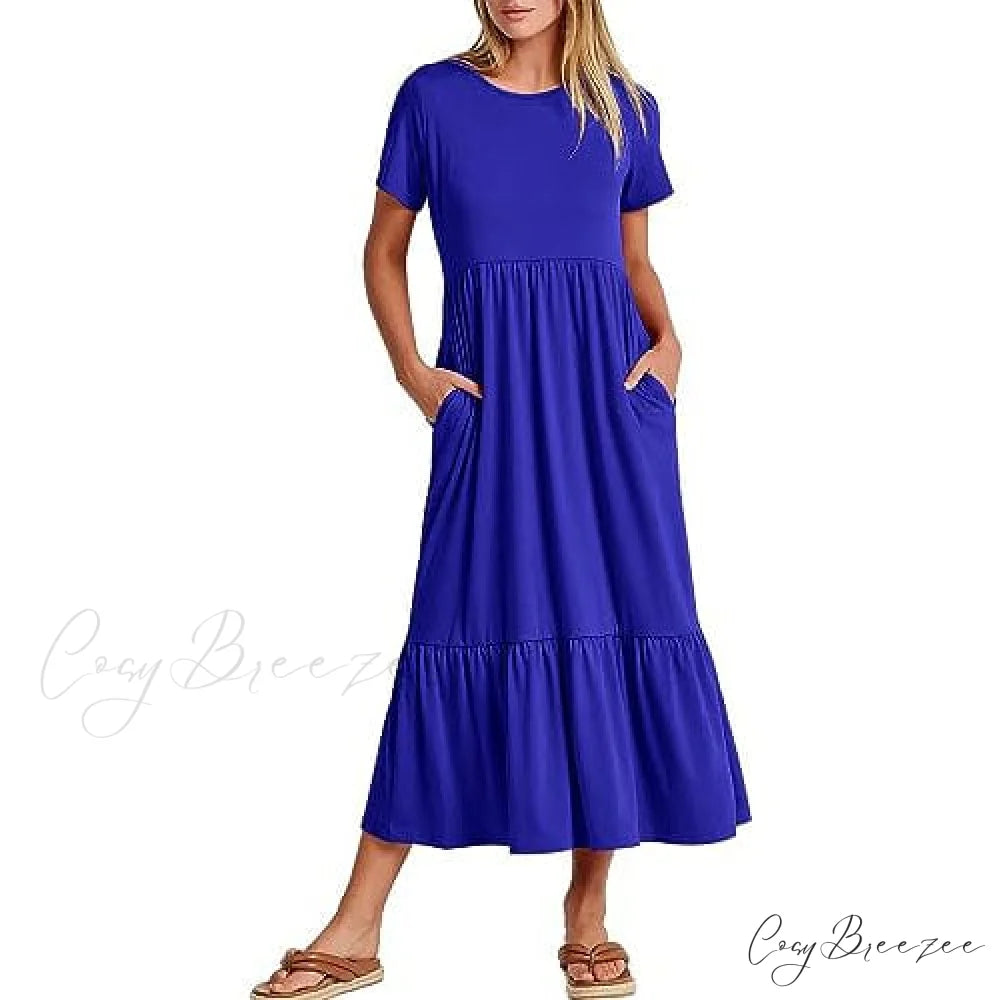 Summer Casual Short Sleeve Crewneck Swing Dress for Women Royal Blue / S