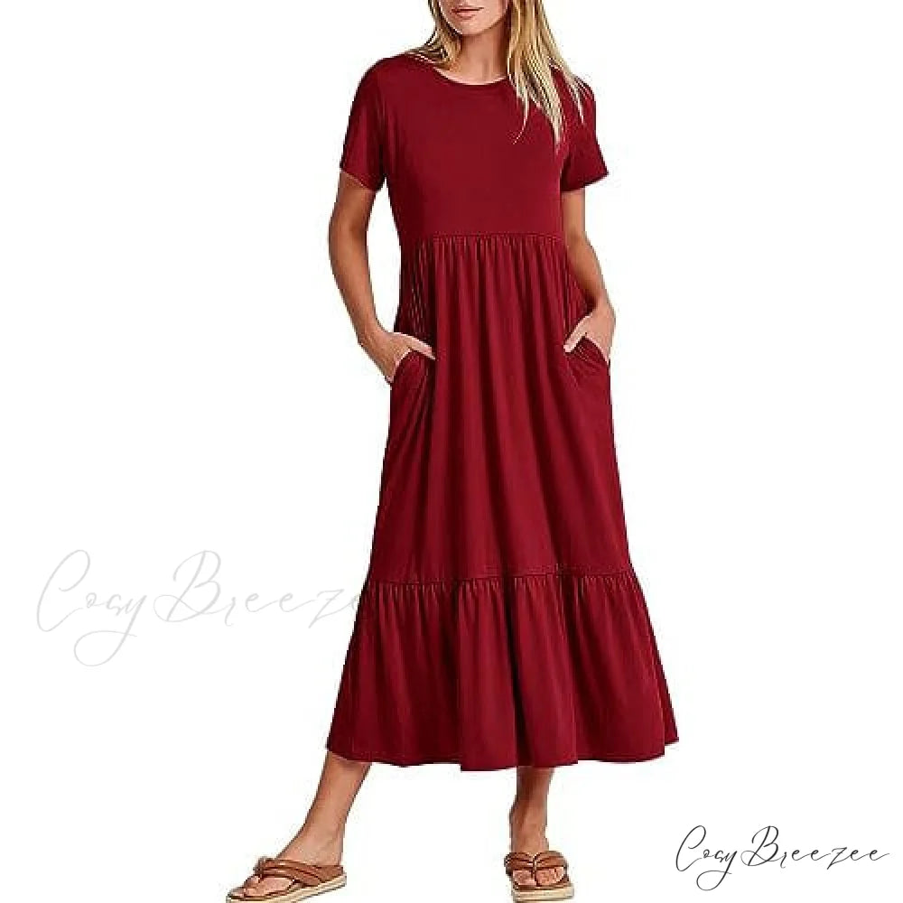 Summer Casual Short Sleeve Crewneck Swing Dress for Women Wine / S