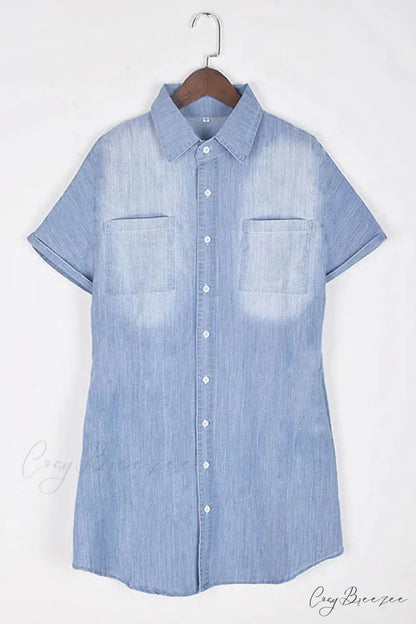 Summer Casual Solid Denim Skirt Short Dress with Button
