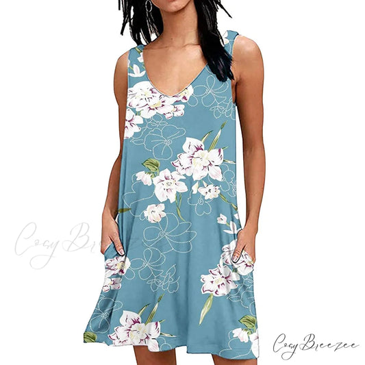 Summer Casual T-Shirt Dress for Women Floral Light Blue / S