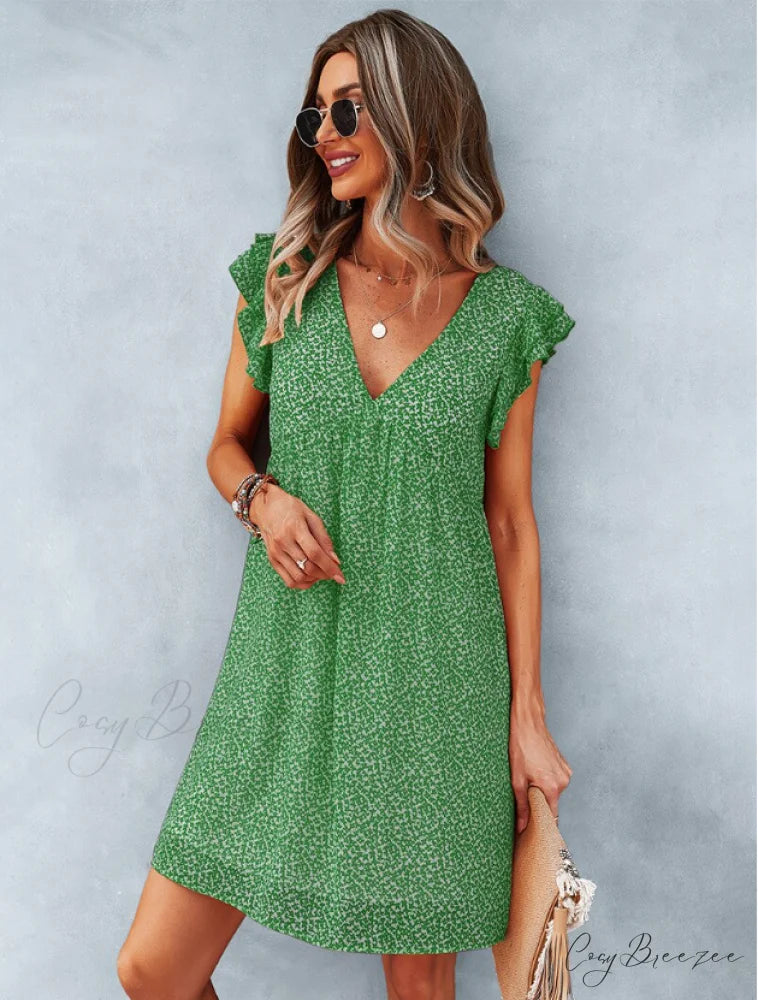 Summer Casual V Neck Floral Print Ruffle Short Sleeve Beach Dress M / GREEN