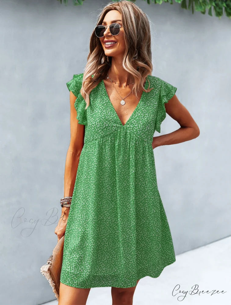 Summer Casual V Neck Floral Print Ruffle Short Sleeve Beach Dress M / YELLOW