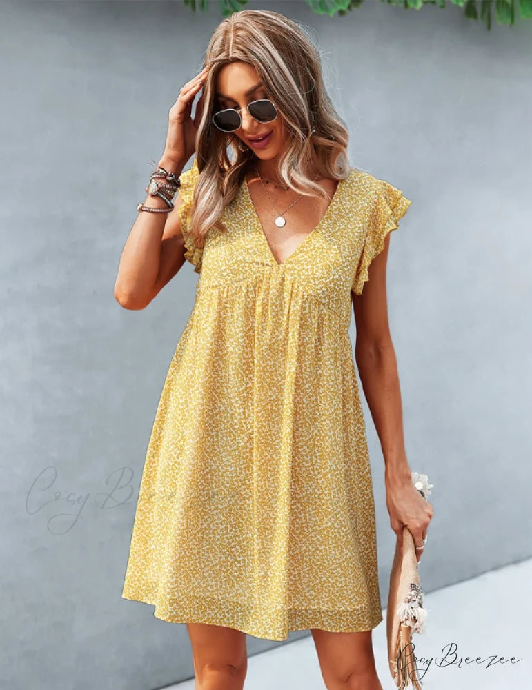 Summer Casual V Neck Floral Print Ruffle Short Sleeve Beach Dress S / BLACK