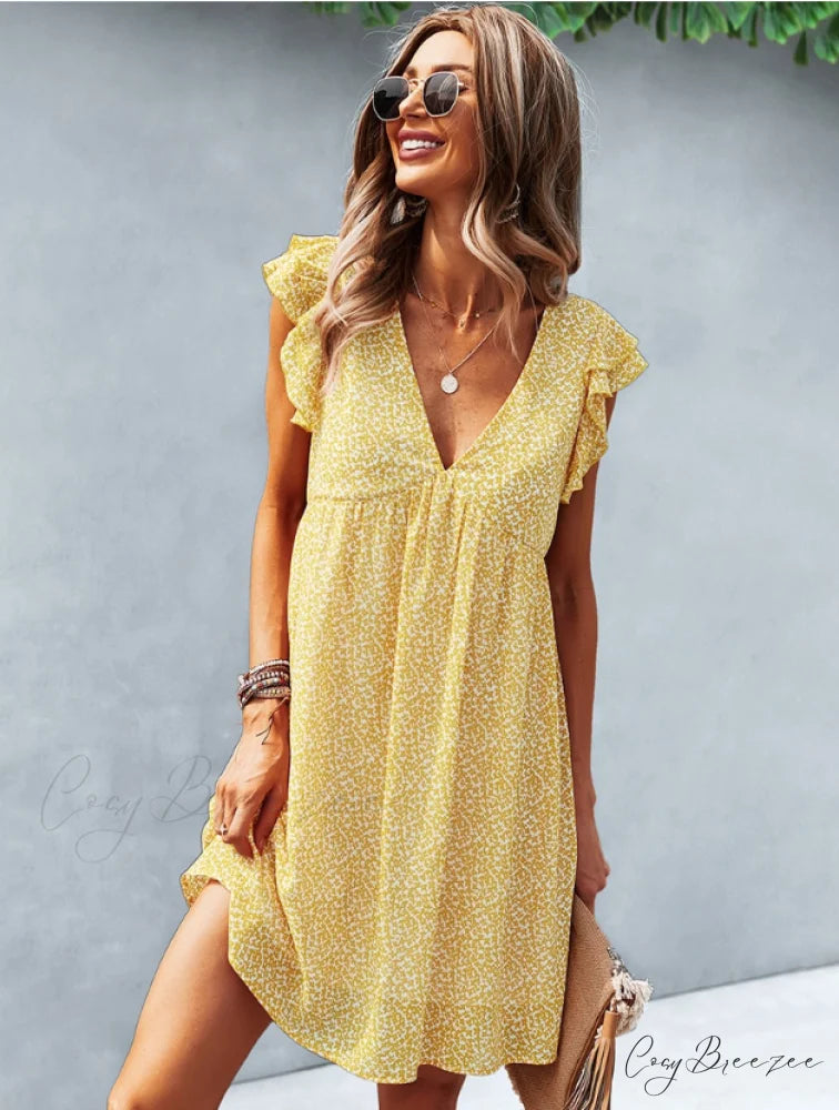 Summer Casual V Neck Floral Print Ruffle Short Sleeve Beach Dress S / GREEN