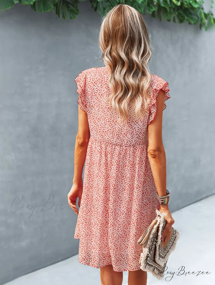 Summer Casual V Neck Floral Print Ruffle Short Sleeve Beach Dress S / YELLOW
