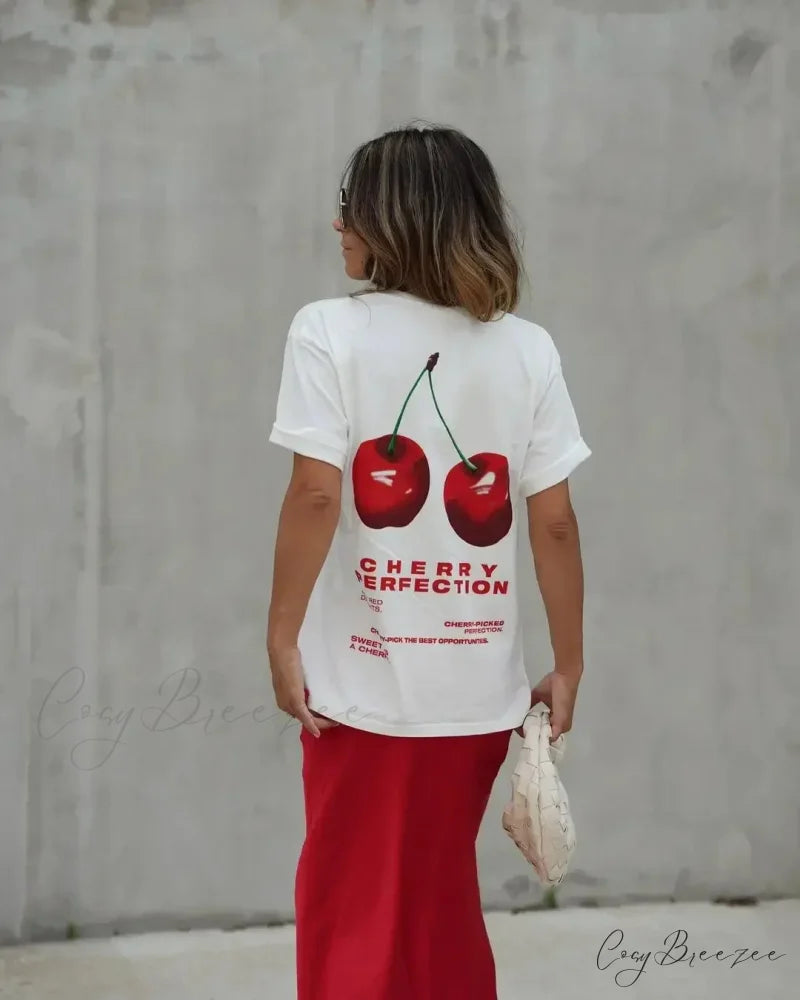 Summer Cherry Print Tee white1 / S t-shirt-250223