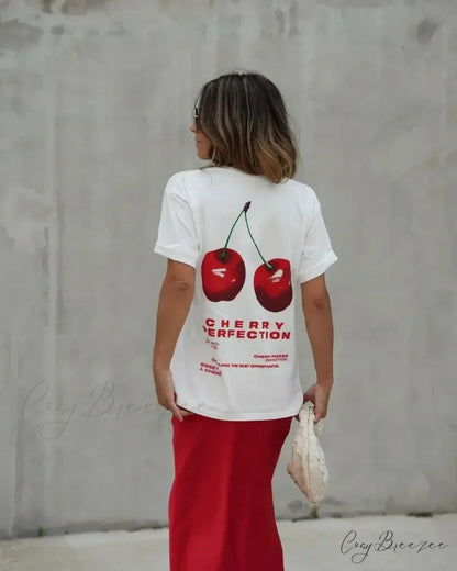 Summer Cherry Print Tee white1 / S t-shirt-250223