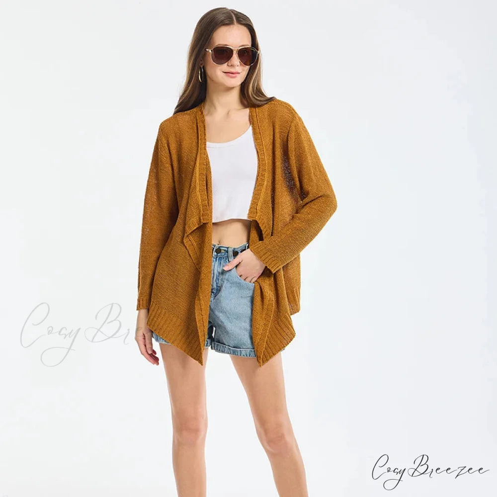 Summer Cozy Mesh Open Front Long Sleeve Comfortable Thin Fashionable Cardigan Sweater BROWN / S