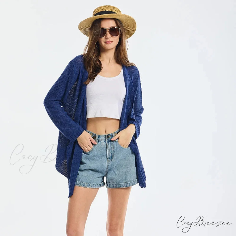 Summer Cozy Mesh Open Front Long Sleeve Comfortable Thin Fashionable Cardigan Sweater Navy Blue / S