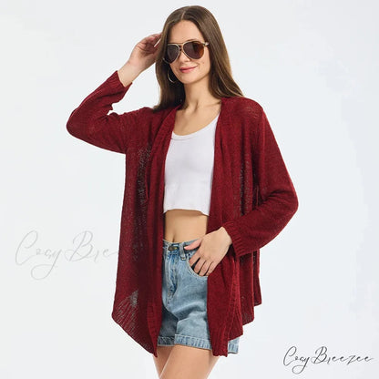 Summer Cozy Mesh Open Front Long Sleeve Comfortable Thin Fashionable Cardigan Sweater RED / S