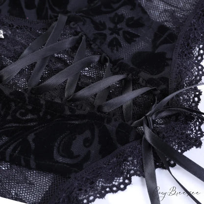 Summer Dark Gothic Lace Suede Sexy Babes Cross Stylish Elegant Trendy Crop Top