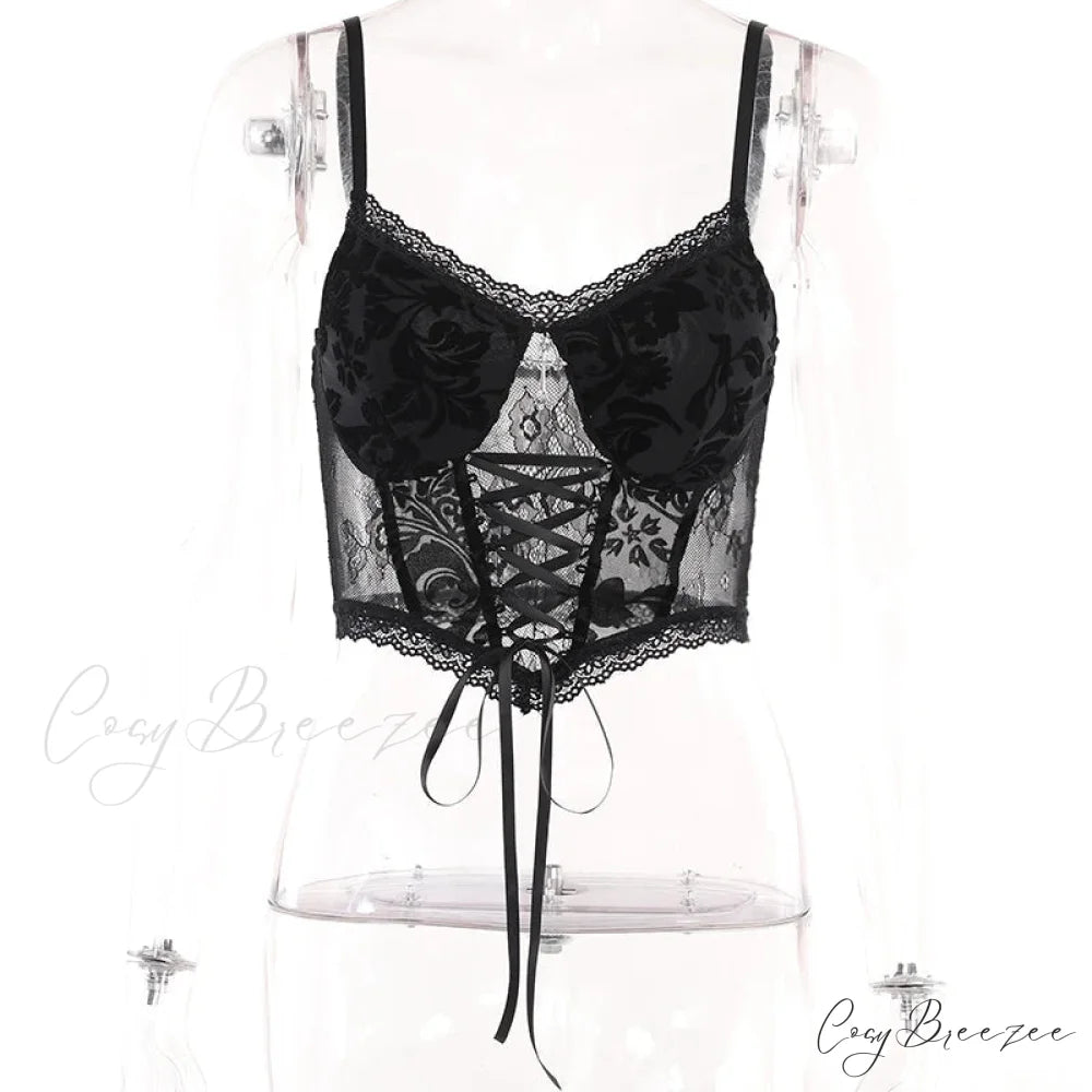Summer Dark Gothic Lace Suede Sexy Babes Cross Stylish Elegant Trendy Crop Top Black / S