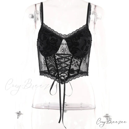 Summer Dark Gothic Lace Suede Sexy Babes Cross Stylish Elegant Trendy Crop Top Black / S