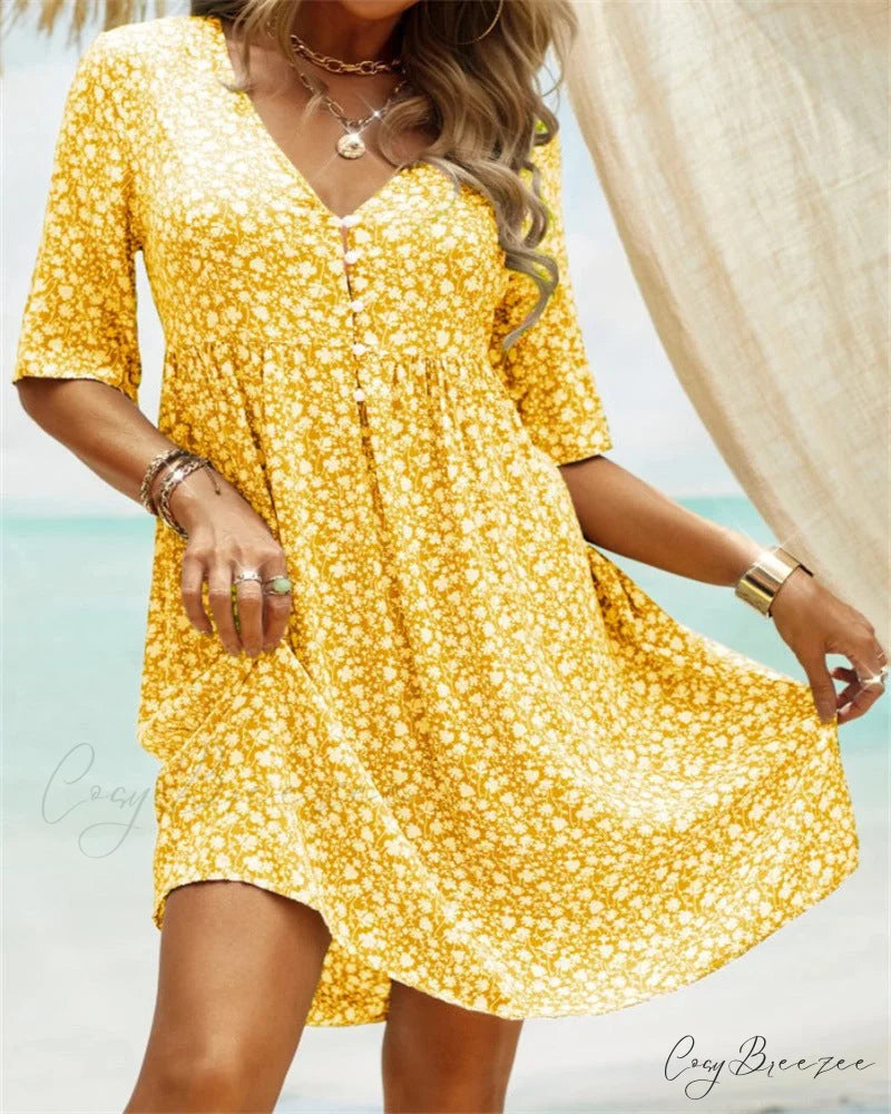 Summer dress with floral pattern Yellow / S