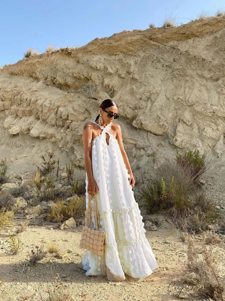 Summer Dress with Halter Flower and Long Ruffles M / Apricot
