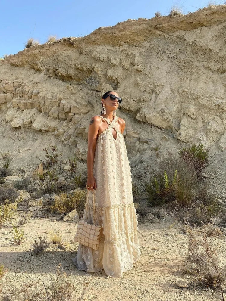 Summer Dress with Halter Flower and Long Ruffles S / Fuchisa