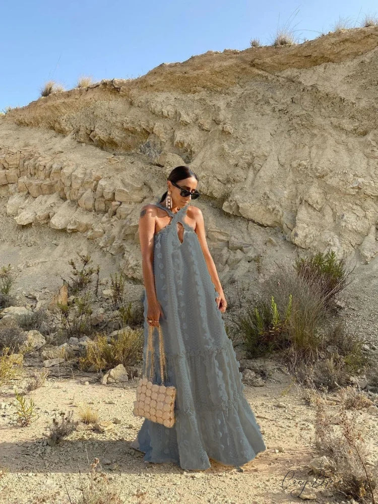 Summer Dress with Halter Flower and Long Ruffles S / Gray