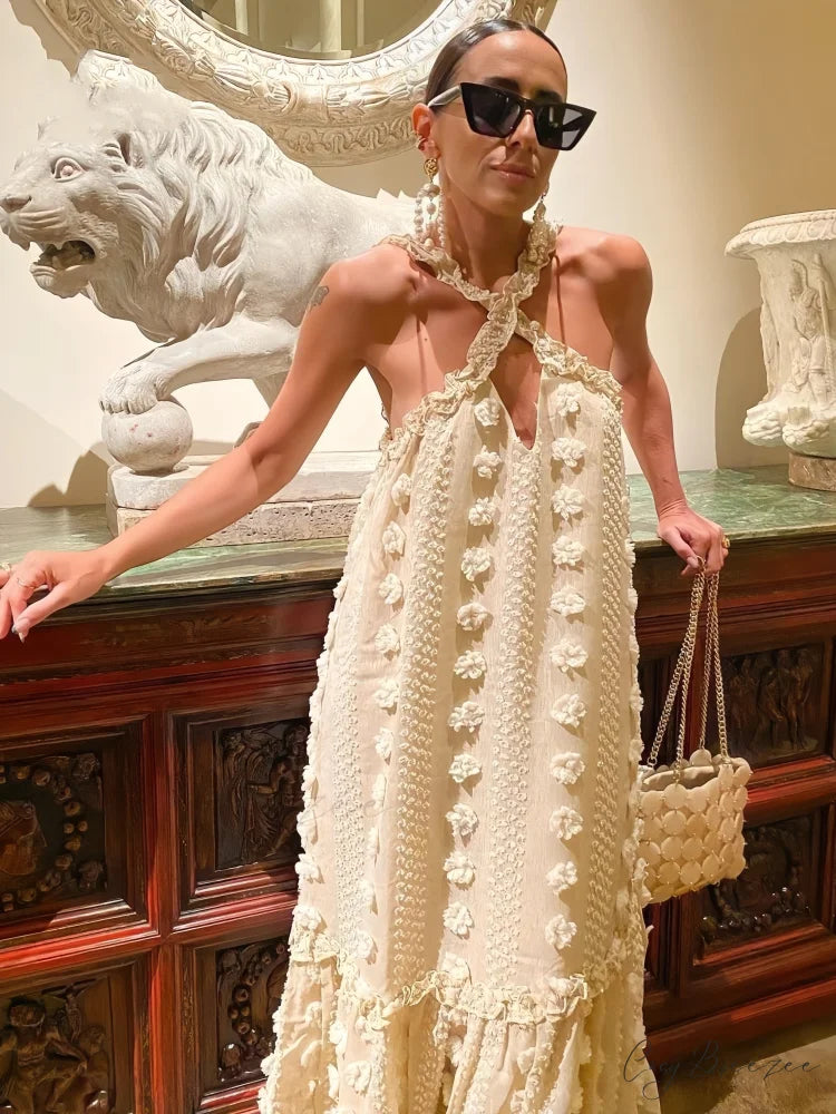 Summer Dress with Halter Flower and Long Ruffles S / White